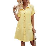 Niwicee Vestidos Verano Mujer Manga Corta Cuello V Mini Vestido Mujer Algodón Rectos Sueltos Botones Vestido Camisero Casual Vestidos de Playa con Bolsillos(Amarillo,XL)