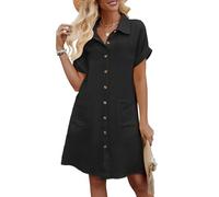 Niwicee Vestidos Verano Mujer Manga Corta Cuello V Mini Vestido Mujer Algodón Rectos Sueltos Botones Vestido Camisero Casual Vestidos de Playa con Bolsillos(Negro,M)