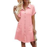 Niwicee Vestidos Verano Mujer Manga Corta Cuello V Mini Vestido Mujer Algodón Rectos Sueltos Botones Vestido Camisero Casual Vestidos de Playa con Bolsillos(Rosa,XXL)