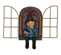 NIWWIN Gnomo Jardín Resina-Gnomo Sentado, Gorro Puntiagudo, Ropa Colorida, con pájaro - en Estructura Ventana Madera, jardín y terraza, decoración Bosque