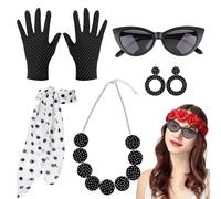Nixiara - Conjunto de mujer para mujer, 50 años, con guantes de diadema, gafas de gato con lunares - Traje de fiesta de disco de 5 piezas para mujer
