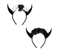NIYANGLE 2 Piezas Diadema Halloween Cuernos Demoníacos con y Flores Accesorios para Pelo de Tela para Fiesta y Disfraz