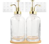 NIYANGLE Dispensador de Jarabe de Café de Vidrio 2 Unidades Color Dorado Bomba, Botella de Loción Reutilizable para Cafetería y Hogar, Incluye Base Antideslizante y Etiquetado Decorativo