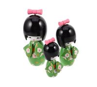 NIYANGLE Muñecas Japonesas Kokeshi de Madera Tradicionales, Set de 3 Piezas Kimono Verde y Detalles de Flores de Ciruelo, Decoraciones de Mesa para Hogar y Oficina, Figuras