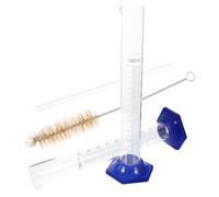 NIYANGLE Probeta Graduada de Vidrio 100 Ml Base Redonda Estable, Paquete 4 Piezas (2 Probetas Fondo Azul, 1 Cepillo Pequeño, 1 Varilla de Vertido), Herramienta de Medición Transparente