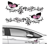 Niyata - Lote de 2 pegatinas para coche, con diseño de flores y mariposas, pegatinas personalizadas, para campana de coche, tablas de ruedas, motocicletas, muros, color negro y rosa