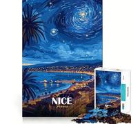 Niza, Francia︰ Rompecabezas de Paisaje Urbano Nocturno Estrellado para Adultos, 1000 Piezas, Juguete Inteligente para Jugar en Interiores, Corte Limpio, (38x52cm)