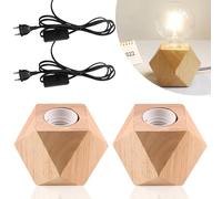 Nizirioo 2 piezas lámpara de mesa de madera, lámpara de noche E27 base de madera, pequeña lámpara de noche con base de madera diamante, enchufe UE base de madera E27 perfecto para dormitorio/sala de