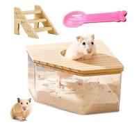 Nizirioo Baño de arena acrílica transparente para hámsters, hámsters, caja de baño de arena con escalera y cubierta de madera natural y pala, para hámsters, jerbos (triángulo)
