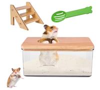 Nizirioo Baño de arena transparente para hámster, caja de baño de arena para hámster con escalera y cubierta de madera natural y pala, caja de bañera de hámster, baño de hámster para mascotas