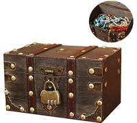 Nizirioo Cofre del tesoro vintage de madera con cerradura de combinación: cofre del tesoro vintage pequeño, cofre del tesoro pirata, joyero con tapa para fiesta de cumpleaños infantil, hucha con