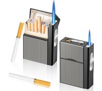 Nizirioo - Estuche para cigarrillos con encendedor a prueba de viento: 2 piezas de aluminio, caja para 20 cigarrillos, carga USB (se vende sin gas)