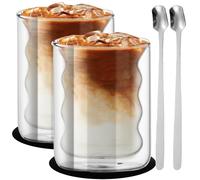 Nizirioo Juego De 2 Tazas De Cristal De Doble Pared Para Café, Espresso, Té y Capuchino - Vasos Térmicos Con 2 Cucharas y 2 Posavasos