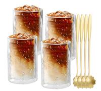 Nizirioo Juego de 4 vasos de café con doble pared, 375 ml, con 4 cucharas, vasos térmicos de doble pared de vidrio de borosilicato para whisky, cerveza, cóctel, café helado y té helado