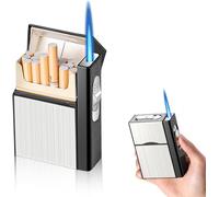 Nizirioo Pitillera con encendedor a prueba de viento, gas, aluminio, 20 barriles, carga USB (plata, se vende sin gas)