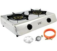 NJ-60 Acero Inox Cocina de Gas 2 Fuegos Camping 7,6 Kw Propano Cocedor Turbo