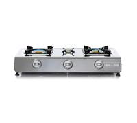 NJ Hornillo de Gas, NGB-300 - Camping Gas de 3 Fuegos para Exterior - Hornillo de Gas para Wok - Cocina Portátil de Gas GLP con Tecnología Eficiente y Encendido Automático, Acero Inoxidable - 8,0 kW