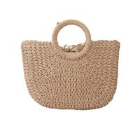 NJIEzhao Bolso de Playa Trenzado Bolso de paja media luna verano for mujer, bolso portátil hecho a mano, cesta playa gran capacidad(Khaki big)