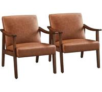 NJIEzhao Sillón de Madera PU Leather Accent Chair, Mid-Century Modern Armchair with Solid Wood Legs, Reading Leisure with High Back For Living Room(Brown)