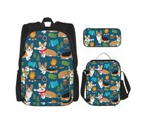 njkhbolk Corgi Print - Juego de mochila 3 en 1 con bolsa de almuerzo y estuche, adecuado para el trabajo, picnic, viajes, Negro -, Talla única