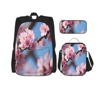 njkhbolk Hermoso juego de mochila 3 en 1 con estampado de flores de cerezo con bolsa de almuerzo y estuche, adecuado para el trabajo, picnic, viajes, Negro -, Talla única