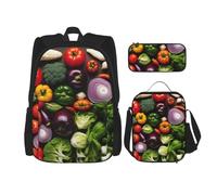 njkhbolk Introducción de varios vegetales impresión 3 en 1 juego de mochila con bolsa de almuerzo y estuche para lápices, adecuado para trabajo, picnic, viajes, Negro -, Talla única