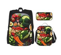 njkhbolk Juego de mochila 3 en 1 con estampado de alimentos saludables con bolsa de almuerzo y estuche, adecuado para el trabajo, picnic, viajes, Negro -, Talla única