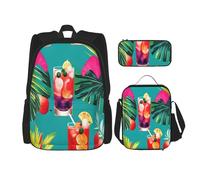 njkhbolk Juego de mochila 3 en 1 con estampado de cócteles tropicales con bolsa de almuerzo y estuche, adecuado para el trabajo, picnic, viajes, Negro -, Talla única