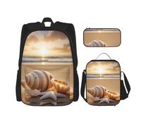 njkhbolk Juego de mochila 3 en 1 con estampado de conchas y paisajes en la playa con bolsa de almuerzo y estuche, adecuado para el trabajo, picnic, viajes, Negro -, Talla única