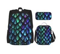njkhbolk Juego de mochila 3 en 1 con estampado de escamas de dragón mágico 3D con bolsa de almuerzo y estuche para lápices, adecuado para trabajo, picnic, viajes, Negro -, Talla única
