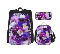 njkhbolk Juego de mochila 3 en 1 con estampado de flores moradas con bolsa de almuerzo y estuche, adecuado para el trabajo, picnic, viajes, Negro -, Talla única