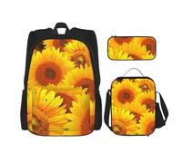 njkhbolk Juego de mochila 3 en 1 con estampado de girasol amarillo 2 con bolsa de almuerzo y estuche, adecuado para el trabajo, picnic, viajes, Negro -, Talla única