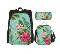 njkhbolk Juego de mochila 3 en 1 con estampado de hojas tropicales hawaianas con bolsa de almuerzo y estuche, adecuado para el trabajo, picnic, viajes, Negro -, Talla única
