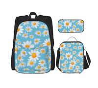 njkhbolk Juego de mochila 3 en 1 con estampado de margaritas blancas en fondo azul claro con bolsa de almuerzo y estuche para lápices, adecuado para el trabajo, picnic, viajes, Negro -, Talla única
