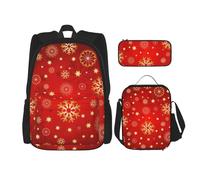 njkhbolk Juego de mochila 3 en 1 con estampado de nieve dorada con fondo rojo con bolsa de almuerzo y estuche, adecuado para el trabajo, picnic, viajes, Negro -, Talla única