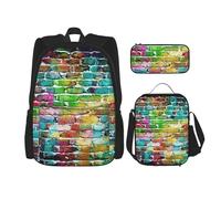 njkhbolk Juego de mochila 3 en 1 con estampado de pared de ladrillo colorido con bolsa de almuerzo y estuche, adecuado para el trabajo, picnic, viajes, Negro -, Talla única