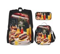 njkhbolk Juego de mochila 3 en 1 con estampado de perritos calientes y limonada con bolsa de almuerzo y estuche, adecuado para el trabajo, picnic, viajes, Negro -, Talla única