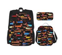 njkhbolk Juego de mochila 3 en 1 con estampado de perro salchicha con bolsa de almuerzo y estuche para lápices, adecuado para el trabajo, picnic, viajes, Negro -, Talla única