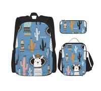njkhbolk Juego de mochila 3 en 1 con estampado de plantas del desierto de cactus y llama, con bolsa de almuerzo y estuche, adecuado para el trabajo, picnic, viajes, Negro -, Talla única