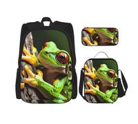 njkhbolk Juego de mochila 3 en 1 con estampado de rana de árbol con bolsa de almuerzo y estuche, adecuado para el trabajo, picnic, viajes, Negro -, Talla única