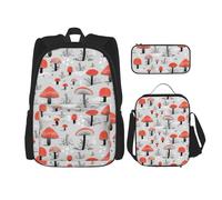 njkhbolk Juego de mochila 3 en 1 con estampado de setas de dibujos animados con bolsa de almuerzo y estuche, adecuado para el trabajo, picnic, viajes, Negro -, Talla única
