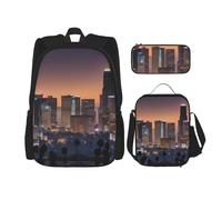 njkhbolk Los Angeles Skyline Print - Juego de mochila 3 en 1 con bolsa de almuerzo y estuche para lápices, adecuado para trabajo, picnic, viajes, Negro -, Talla única