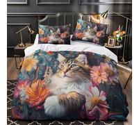 NJOFERDIN Gato caprichoso 3D Impresión Funda de edredón 3pz Microfibra Cremallera Oculta Surrealista Floral Edredón Funda 2 Fundas Resistente Familia Invitados Single (135x200cm)