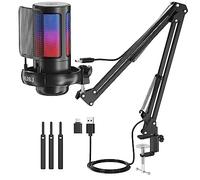 NJSJ Gaming Microfono para PC USB, RGB Condensador Micrófono de Cardioide per Ordenador PS4 PS5, con Botón de Silencio, Trípode, Filtro Anti-Pop, Soporte de Choque (Negro-con Brazo)