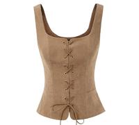 NJUDE Chaleco vintage de ante sintético para mujer, cuello cuadrado, espalda en U, con cordones delanteros, chaleco renacentista, cosplay, corpiño campesino