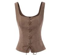 NJUDE Chaleco vintage de ante sintético para mujer, cuello cuadrado, espalda en U, con cordones delanteros, chaleco renacentista, cosplay, corpiño campesino