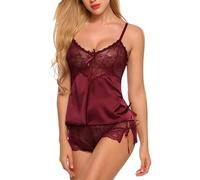 NJUDE Conjunto de pijama de encaje floral para mujer, conjunto de 2 piezas, ropa de dormir casual de verano, ropa de dormir sexy de satén