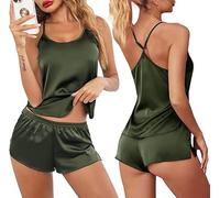 NJUDE Conjunto de pijama sexy de satén de encaje para mujer, ropa de dormir sin mangas + pantalones cortos, conjunto de pijama para mujer