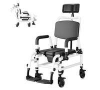 NJUN Silla Ducha con Ruedas, Silla WC Personas Mayores con Función de Reclinación, Silla de Transporte de Baño de Aleación de Aluminio con Reposacabezas Ajustable y Asiento Acolchado