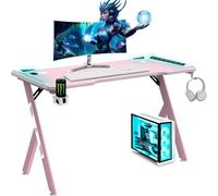 NK Mesa Escritorio Gaming con LED (120x60cm) - Portavasos y Botellas, Soporte Auriculares/Cascos, Gestión de Cables, Gaming Desk, Tabla 1.5cm (Resistencia) Peso Máximo 100kg (Rosa)
